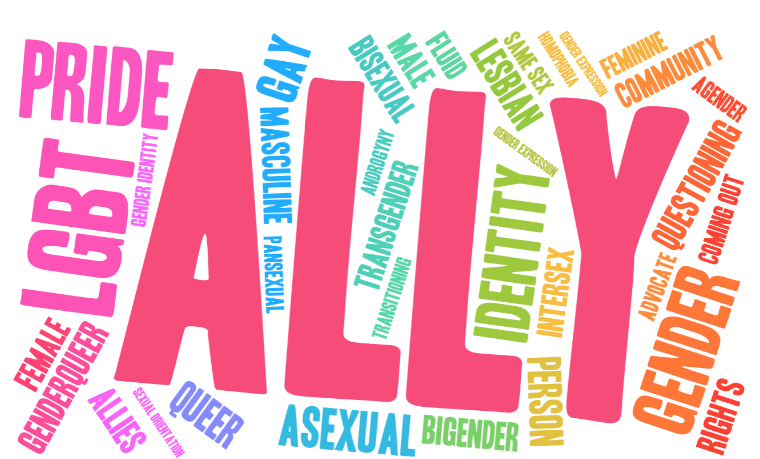 Word cloud of LGBTQ words. The biggest word reads "ALLY".