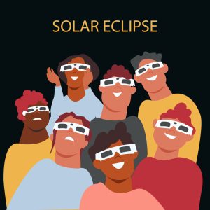 Solar eclipse. Group of joyful people with protective glasses looks at the solar eclipse. Poster template, web banner, or card.vector illustration.